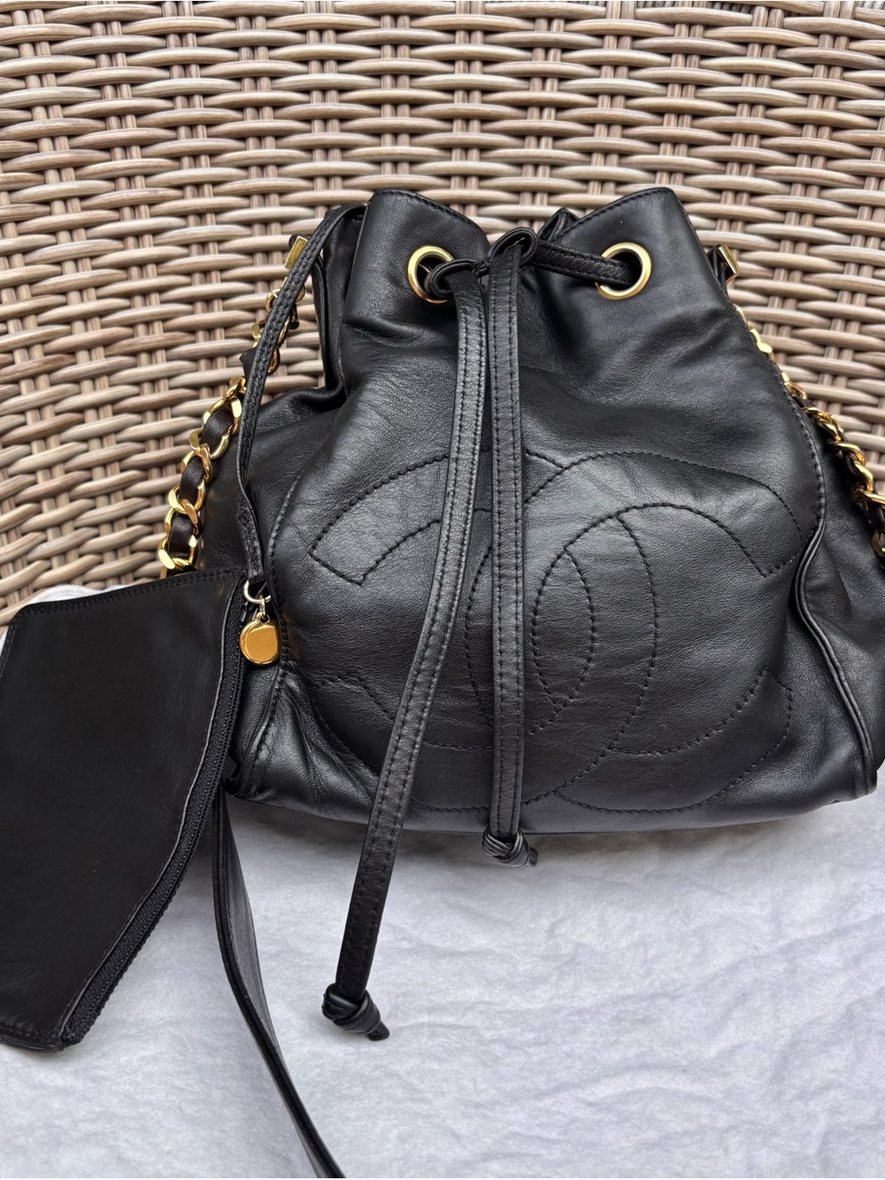 Authentic CHANEL vintage black lambskin crossbody bucket drawstring with pouch